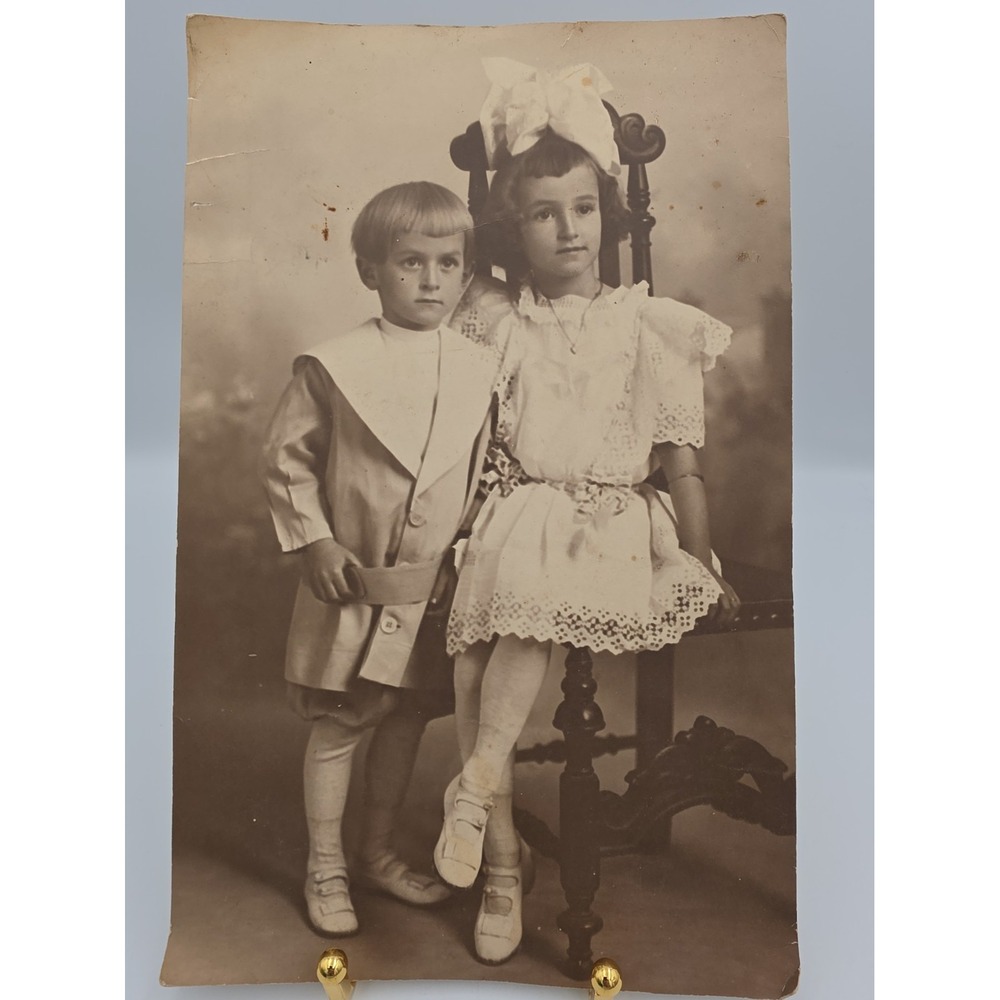 VTG. SIBLINGS LITTLE BROTHER BIG SISTER 1900s REAL PHOTO 10.75" X 6.75"